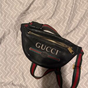 Gucci Black Canvas Belt Bag with Red and Green Accents